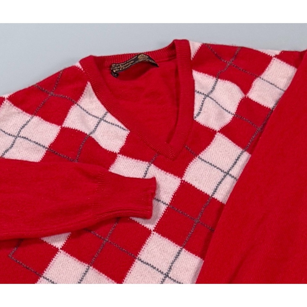 Lyle & Scott Red Argyle Pattern 100% Cashmere Mens 44  V-neck Sweater Scotland